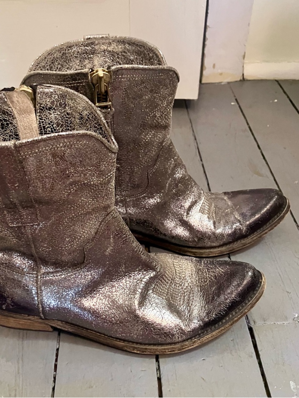 Metallic Silver Leather Women's distressed cowboy  Boots